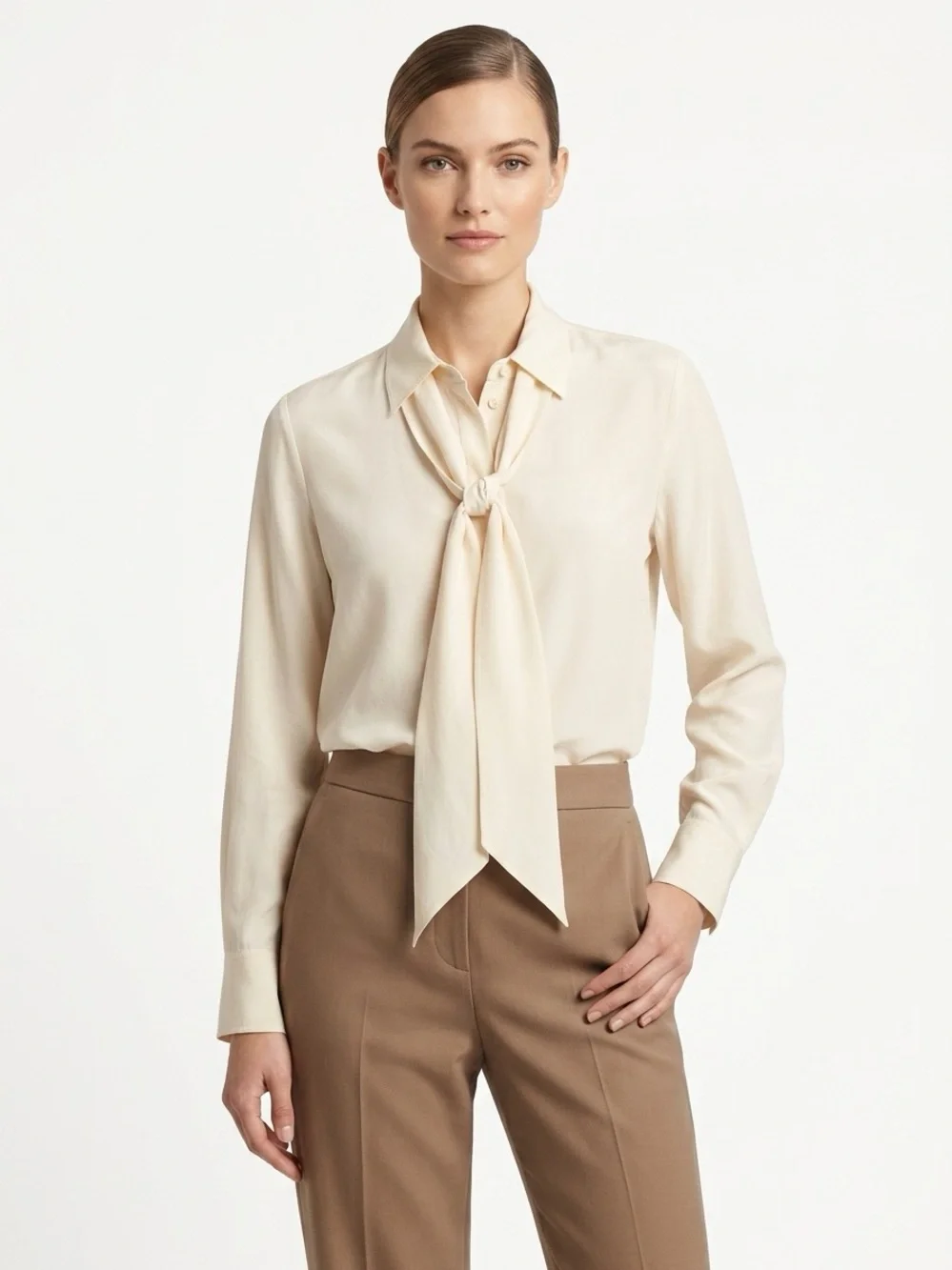 Tory Burch Tie Neck Blouse Hidden Placket Stretch Silk Cream 6